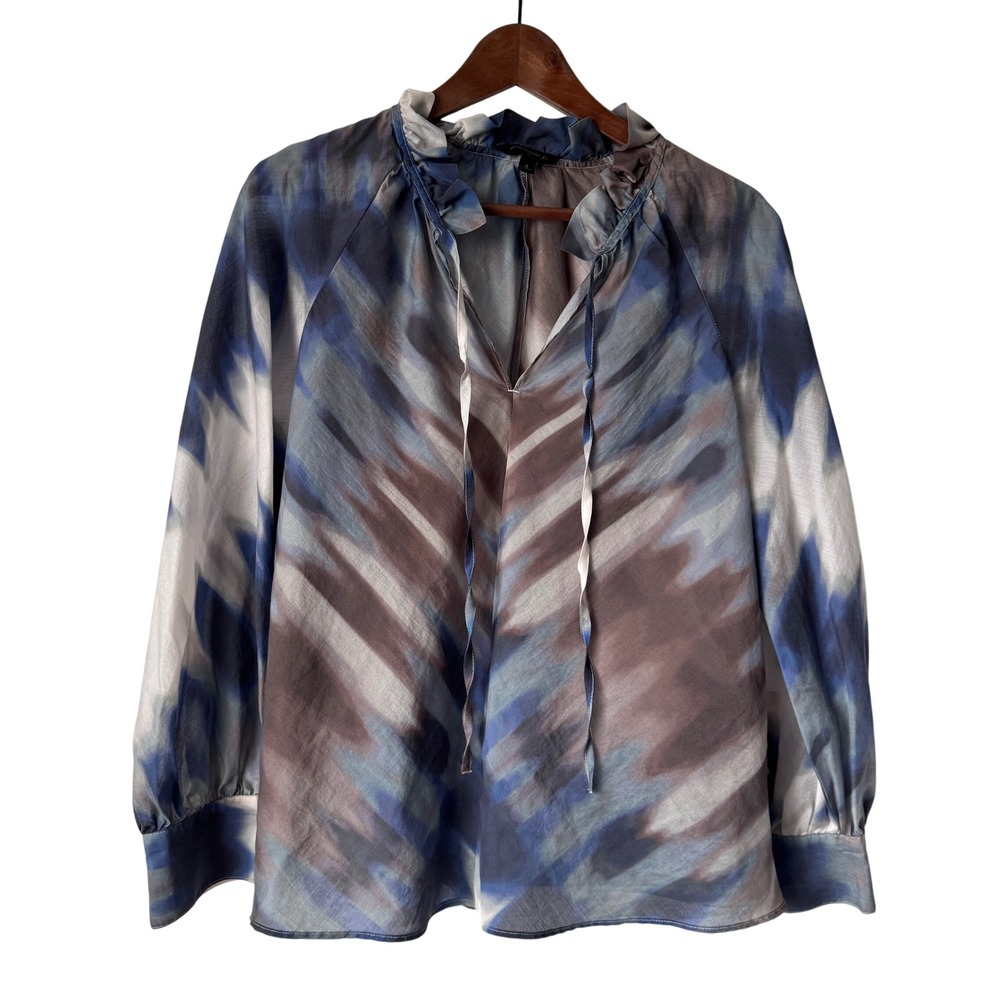 Banana Republic Shirt Women S Blue Abstract Ruffle Neck Office Work Ethereal